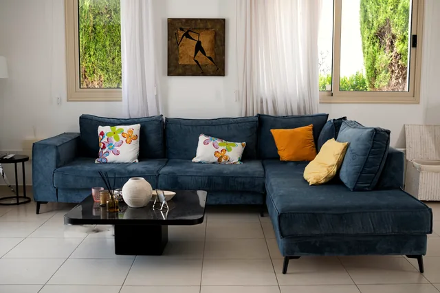 The living room of a managed villa, photographed for its listing